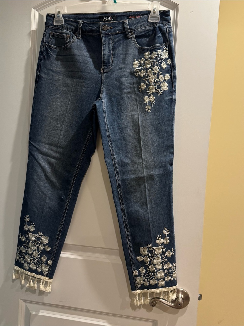 Earl Jeans Dark Blue Cropped Embroidered Tassel Hem Jeans